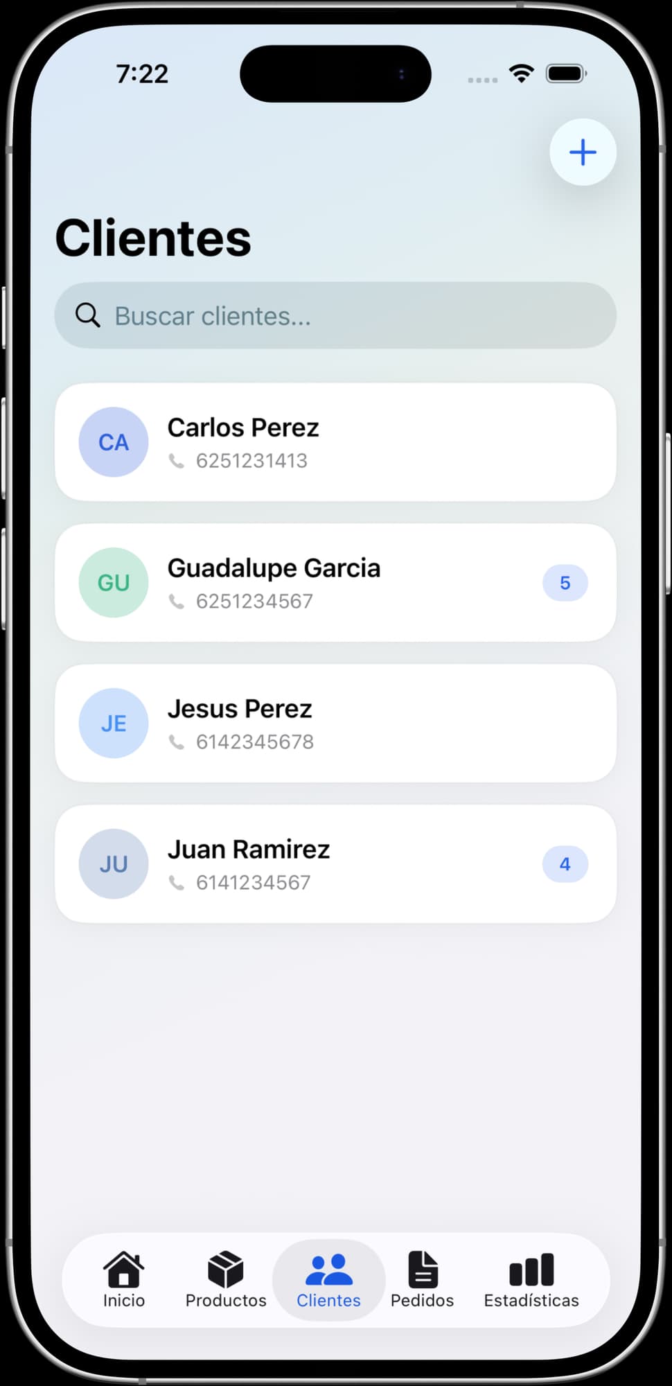 Captura real de MiStock: Clientes bien organizados